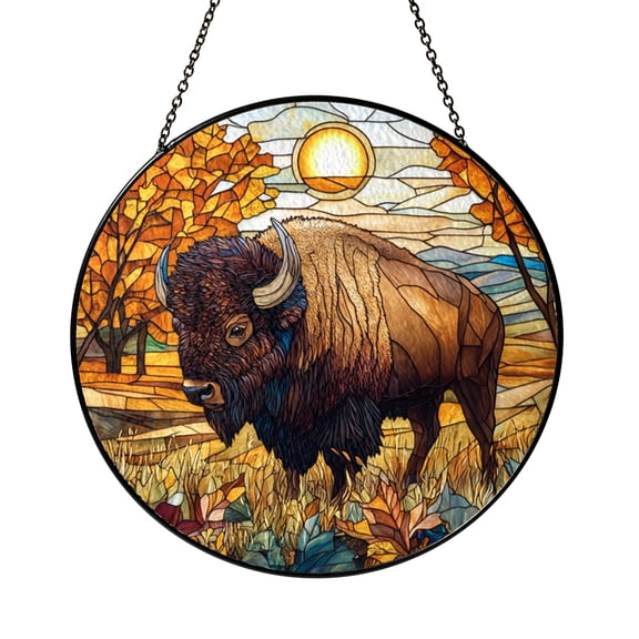 Wildlife Scene Glass Window Panel with Buffalo and Fall Tree Design, Decorative Light Catching Art for Home Window Spaces