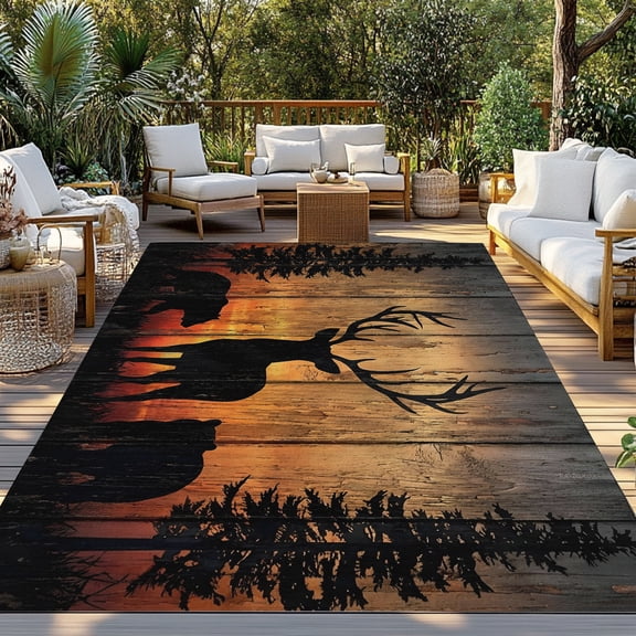 Wildlife Scene Indoor Outdoor Rugs 5x8 Ft, Nature Deer Bear Pine Trees Silhouette Sunset Outdoor Patio Rugs Mat Washable Outside Area Rugs Carpet for Porch Deck RV Camping Pool Balcony Backyard