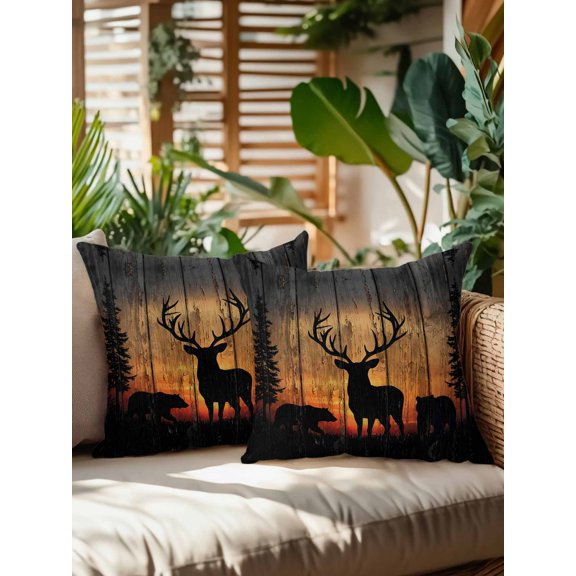 Wildlife Scene Outdoor Throw Pillows with Inserts, Nature Deer Bear Pine Trees Silhouette Sunset 16”x16” Set of 2 Waterproof Decorative Patio Throw Pillow Inserts for Patio Furniture Bench