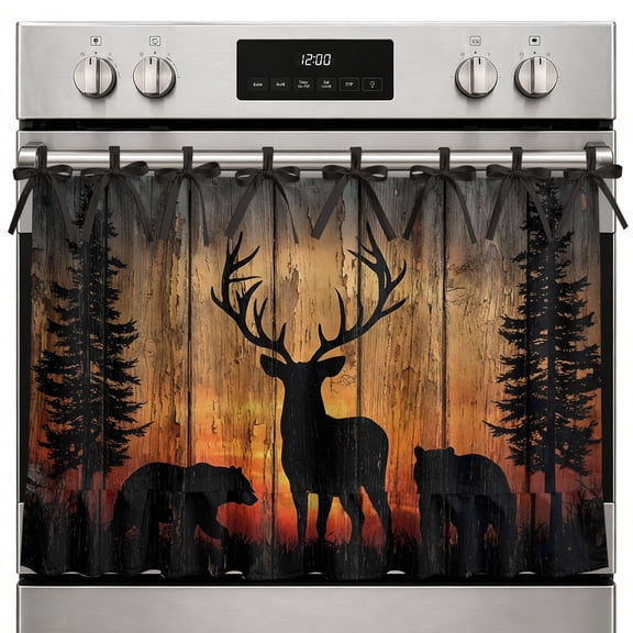 Wildlife Scene Oven Skirt Curtain for Kitchen Decor 27 x 20 Inch Nature Deer Bear Pine Trees Silhouette Sunset Ruffle Oven Door Cover with Ties, Decorative Oven Skirt for Dishwasher, Stove, Cabinet
