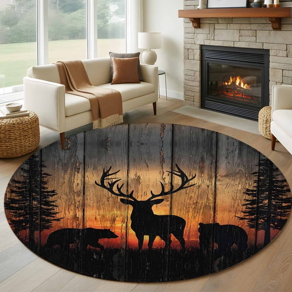 Wildlife Scene Round Rugs for Living Room 5ft Nature Deer Bear Pine Trees Silhouette Sunset Non Slip Circle Rug Washable Low-Profile Indoor Carpet for Bedroom, Dining Room, Bathroom