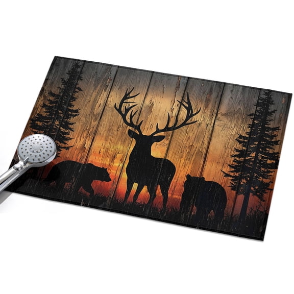 Wildlife Scene Washable Area Rug 2 x 3 ft Nature Deer Bear Pine Trees Silhouette Sunset, Soft Non Slip Rugs Stain Repellent Indoor Felt Carpet for Living Dining Room Bedroom Home Office