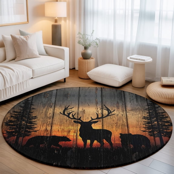 Wildlife Scene Washable Round Area Rug 6 ft, Nature Deer Bear Pine Trees Silhouette Sunset, Soft Non Slip Rugs Stain Repellent Indoor Felt Carpet for Living Dining Room Bedroom Home Office