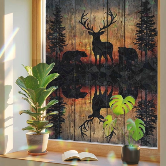 Wildlife Scene Window Privacy Film, Nature Deer Bear Pine Trees Silhouette Sunset Stained Glass Rainbow Film Decorative Window Clings, Static Cling Sun Blocking Stickers 17.7" x 39.3"