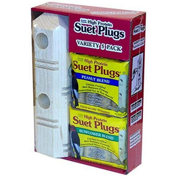 Wildlife Sciences Suet Plus Suet Plug Bird Food Variety 5-Pack with Feeder | Suet Plug Feeder | 2 Packs of Peanut Plugs and 2 Packs of Sunflower Plugs for woodpeckers and wild birds