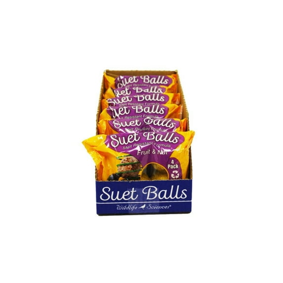 Wildlife Sciences Suet Balls 24 Pack, 6 Individually Wrapped Packs of 4 Bird Suet Balls Fruit & Nut