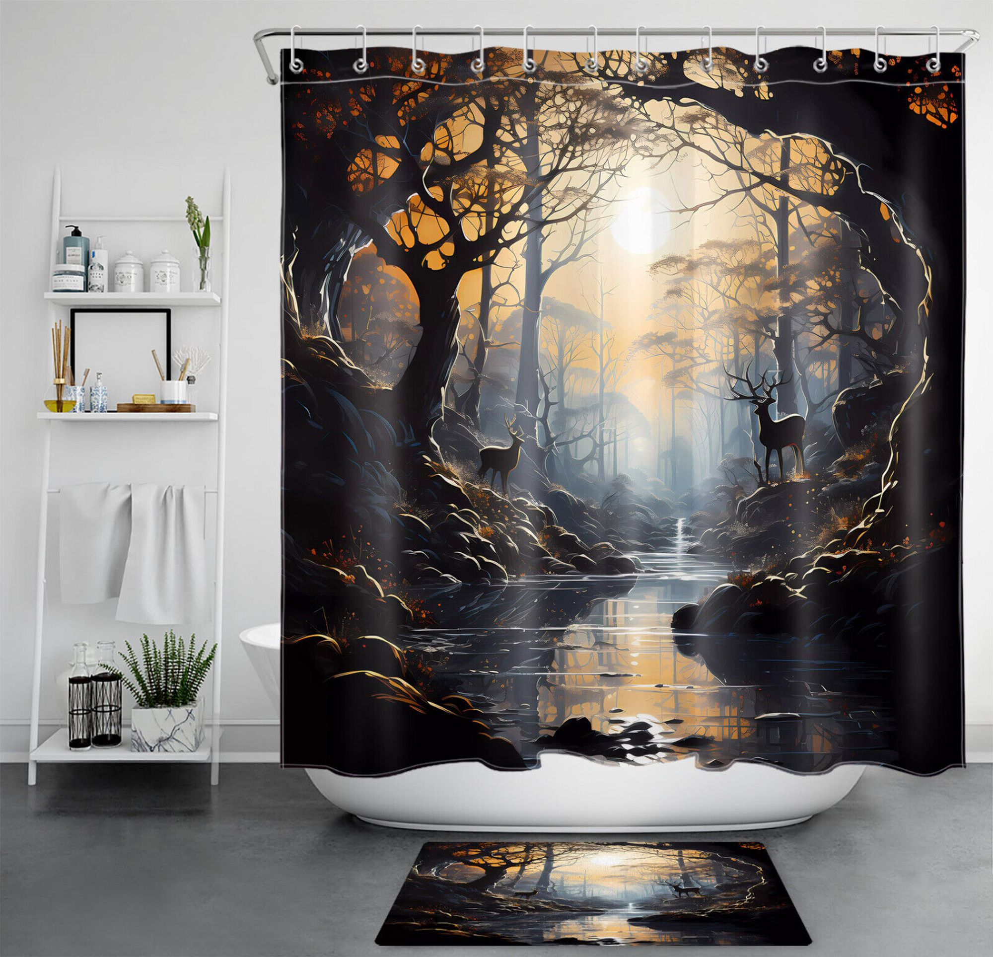 Wildlife Serenity: Elk in Sunset Forest Shower Curtain Set for a