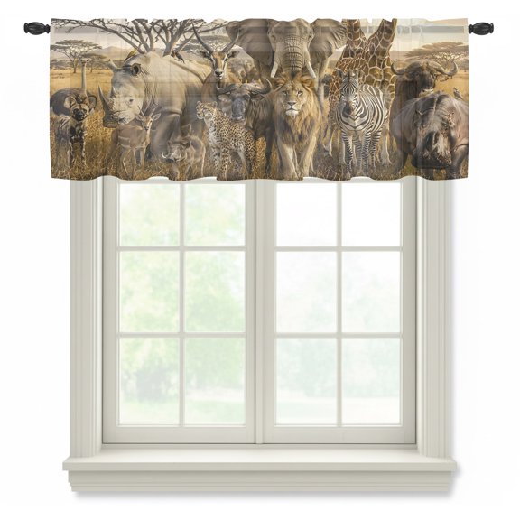 Wildlife Sheer Valances for Windows, Lion Elephant Giraffe Zebra Rhinoceros Deer Semi Sheer Kitchen Valance Rod Pocket Small Voile Window Curtains for Living Room Bedroom 42 x 12 Inch