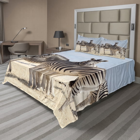 Ambesonne Zebra Fitted & Top Sheet Set with Shams, Namibia Africa Animals View, Pale Blue Beige and Black