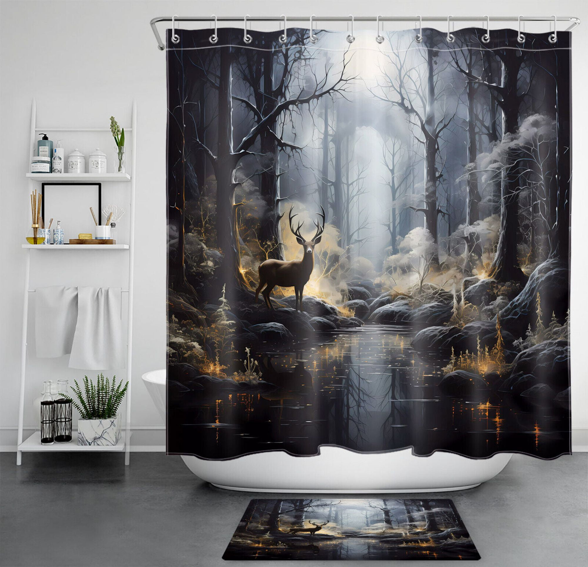 Wildlife Shower Curtain Set for Rustic Bathroom Decor with Nighttime