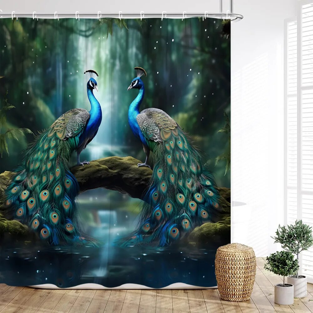 Wildlife Shower Curtain Spring Tropical Animals Peacock Cat Parrot
