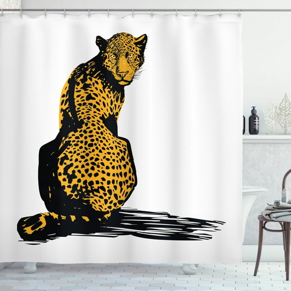 Wildlife Shower Curtain, Stylized Sketch Leopard Dangerous Carnivore Wildcat with Shadow, Fabric Bathroom Set with Hooks, 69W X 75L Inches Long, Black White and Marigold, by Ambesonne