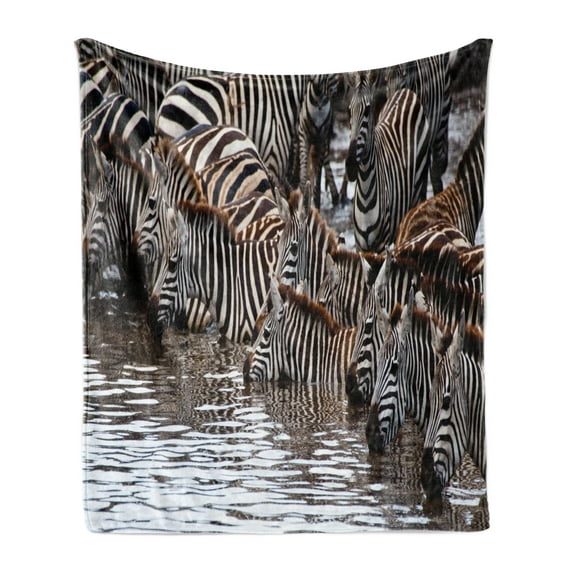 Wildlife Soft Flannel Fleece Blanket, Herd of Zebras and Wildebeest Drinking Water in Serengeti Tanzania Picture, Cozy Plush for Indoor and Outdoor Use, 70" x 90", White Black Brown, by Ambesonne