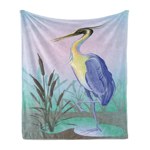 Wildlife Soft Flannel Fleece Blanket, Heron with Reed and Water Graphic Illustration Lake Leaf Dreamy Nature Beak Bird, Cozy Plush for Indoor and Outdoor Use, 50" x 60", Multicolor, by Ambesonne