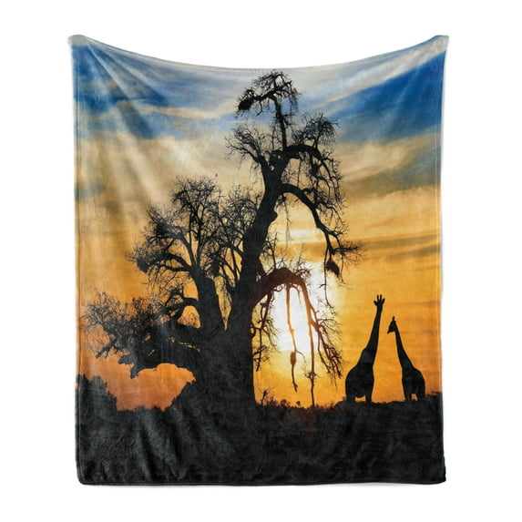 Wildlife Soft Flannel Fleece Blanket, Sunset in Africa Baobab Tree and Giraffes Silhouette at Sunset Sky Exotic Scenery, Cozy Plush for Indoor and Outdoor Use, 70" x 90", Multicolor, by Ambesonne