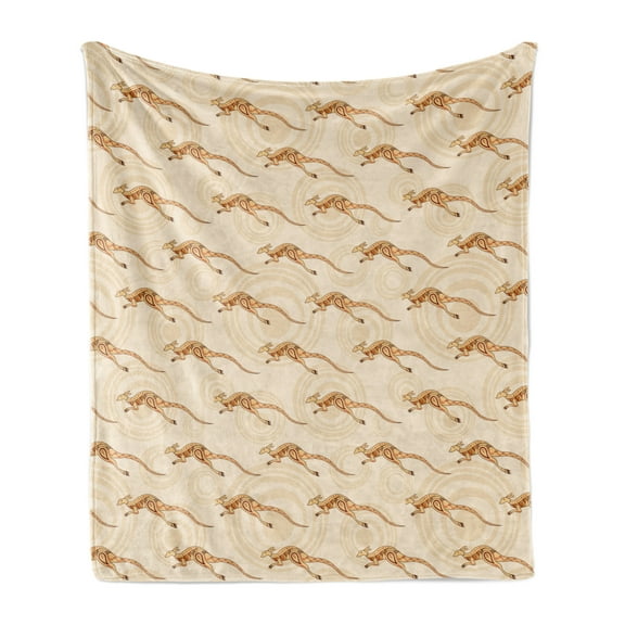 Wildlife Soft Flannel Fleece Throw Blanket, Australia Theme Colorful Kangaroos Pattern with Asymmetric Shapes, Cozy Plush for Indoor and Outdoor Use, 70" x 90", Beige and Pastel Brown, by Ambesonne