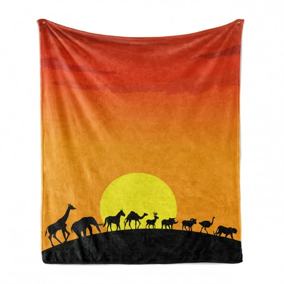 Wildlife Soft Flannel Fleece Throw Blanket, Diverse Animals Community Walking in Line Silhouette Idyllic Sunset Hot Climate, Cozy Plush for Indoor and Outdoor Use, 50" x 70", Multicolor, by Ambesonne