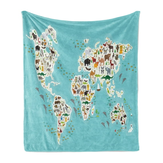Wildlife Soft Flannel Fleece Throw Blanket, Graphic World Map Continents Islands Ocean Showing Local Animal Species Concept, Cozy Plush for Indoor and Outdoor Use, 70" x 90", Multicolor, by Ambesonne