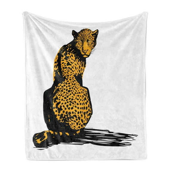 Wildlife Soft Flannel Fleece Throw Blanket, Sketch Leopard Dangerous Carnivore Wildcat with Shadow, Cozy Plush for Indoor and Outdoor Use, 50" x 60", Black White and Marigold, by Ambesonne