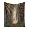 thumbnail image 1 of Wildlife Soft Flannel Fleece Throw Blanket, Stag Deer Discovers a Dreamy Misty Hazy Forest Autumn Tree Foggy Pathway, Cozy Plush for Indoor and Outdoor Use, 50" x 60", Multicolor, by Ambesonne, 1 of 5