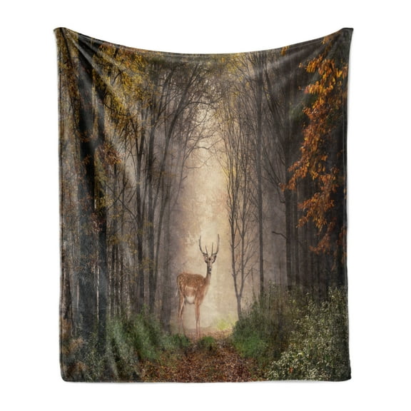Wildlife Soft Flannel Fleece Throw Blanket, Stag Deer Discovers a Dreamy Misty Hazy Forest Autumn Tree Foggy Pathway, Cozy Plush for Indoor and Outdoor Use, 60" x 80", Multicolor, by Ambesonne