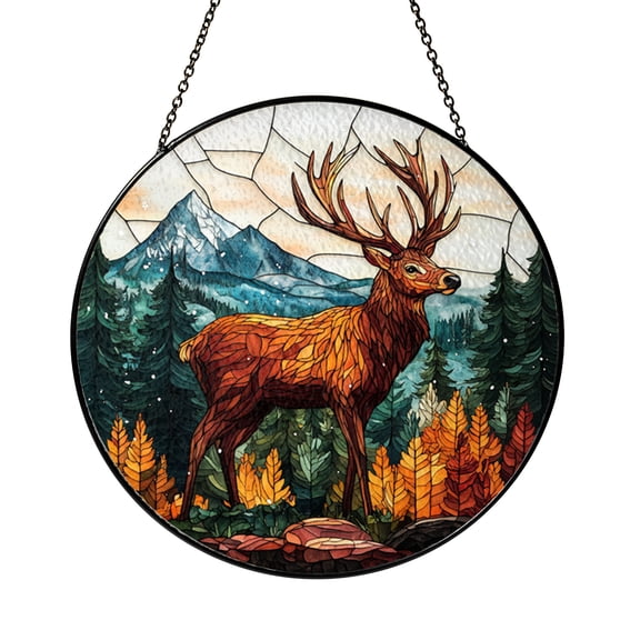 Wildlife Stained Glass Window Panel – Majestic Deer in Mountain Forest Design, Rustic Nature Home Accent Decor