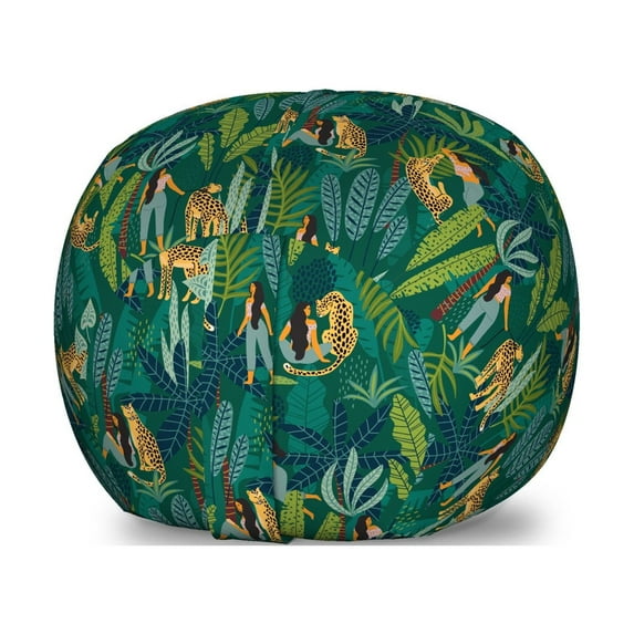 Wildlife Storage Toy Bag Chair, Girl in Jungle Along a Leopard Illustration Wild Forest Themed Design, Stuffed Animal Organizer Washable Bag, Large Size, Hunter Green Dark Teal, by Ambesonne