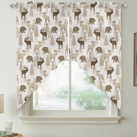 Wildlife Swag Kitchen Curtain Valances, Rustic Brown Moose Bears Pine Trees Silhouette Rod Pocket Curtains Window Treatment Decor Valances for Bedroom Bathroom, 2 Panels 36 x 36 Inch