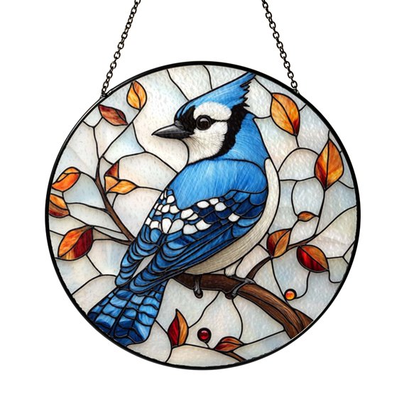 Wildlife Theme Window Decor – Blue Jay Stained Glass Style