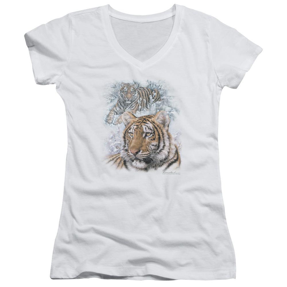 Wildlife Tigers Junior Women's T-Shirt V-Neck T-Shirt White - image 1 of 1
