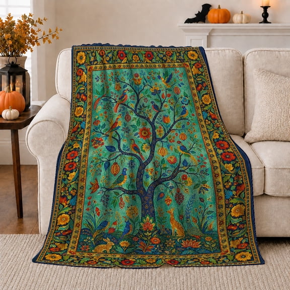 Wildlife Tree Floral Flannel Blanket for Couch Sofa Bed, Colorful Folk Garden Home Decor for Women Men, Animal Lover Gift for Birthday Holiday Reading Lounge Room