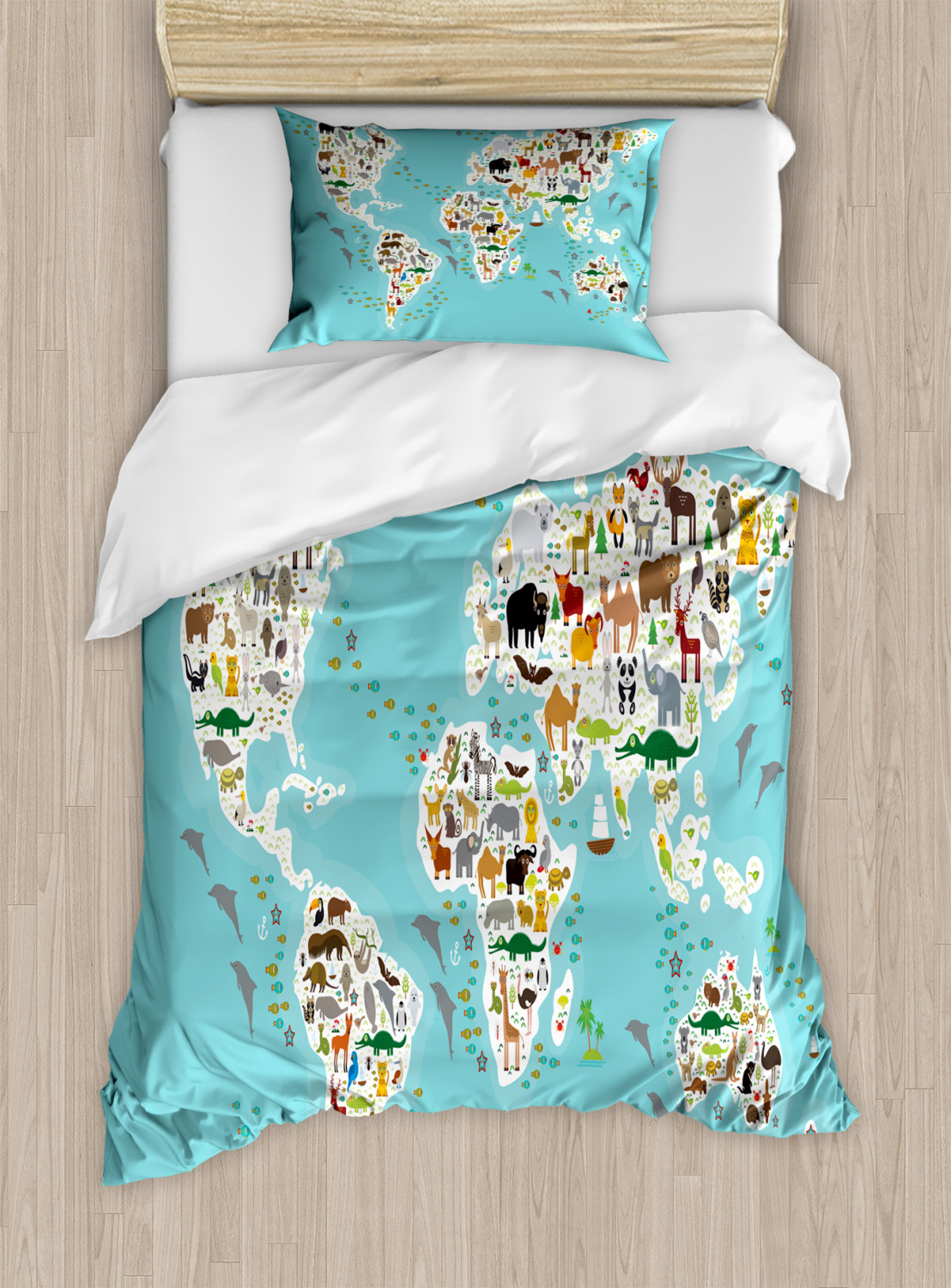 Wildlife Twin Size Duvet Cover Set, Graphic World Map Continents ...