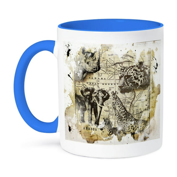 3dRose, Wildlife vintage Africa map with rhino, elephant, cheetah, zebra, giraffe , 11oz Two-Tone Blue Mug