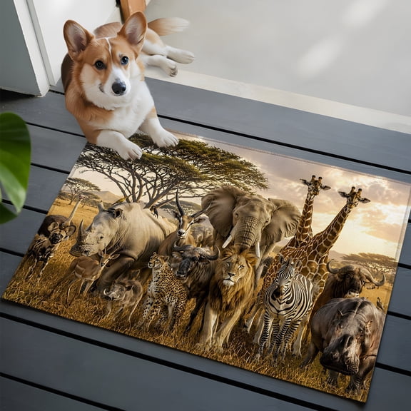 Wildlife Washable Entry Rug 2x3 Lion Elephant Giraffe Zebra Rhinoceros Deer Low Pile Indoor Door Mat with Rubber Backing Thin Area Rug for for Entrance, Bedroom, Kitchen, Laundry, Bathroom