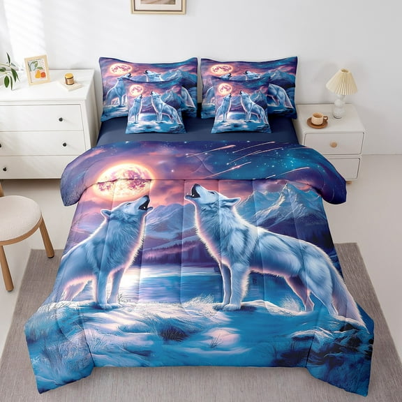 Wildlife Wolf Family Comforter Set Bed in a Bag 7 Pieces Queen,White Wolves Howling Bedding Set,Gothic Moon Night Galaxy (Comforter+Fitted+Flat Sheet+2 Pillowcases+2 Throw Pillow Covers)
