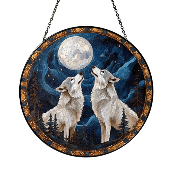 Wildlife Wolf Stained Glass Window Hanging, Moonlight Howling Wolves Suncatcher Gift