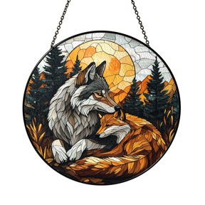 Wildlife Wolf and Cub Window Hanging – Decorative Stained Glass Style Art