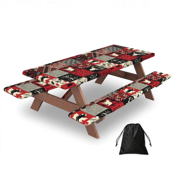 Wildlife Wood Plaid And Lumberjack Symbols 3-Piece Fitted Picnic Table and Bench Cover Set, 72" Outdoor Tablecloth with Elastic Edges & Storage Bag