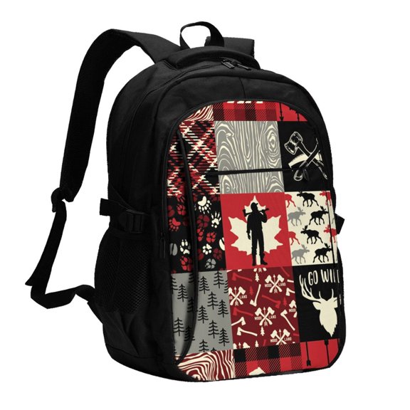 Wildlife Wood Plaid And Lumberjack Symbols Laptop Backpack with USB Charging Headphone Port Casual Daypack Bag College Business Travel
