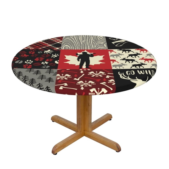Wildlife Wood Plaid And Lumberjack Symbols Round Fitted Tablecloth Elastic Edged Table Cloth Waterproof Table Cover 54in