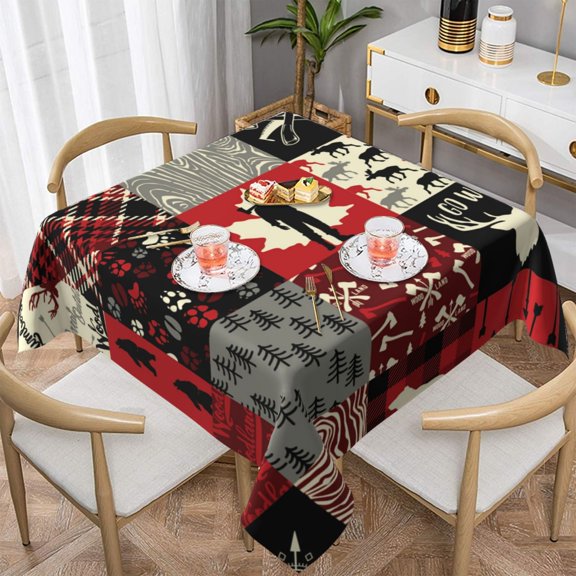 Wildlife Wood Plaid And Lumberjack Symbols Square Tablecloth 54x54 Waterproof Table Cover for Dining Table, Parties, Weddings, Picnics, Cafes