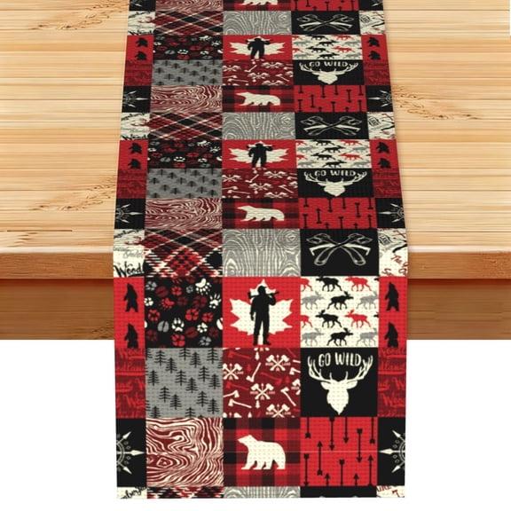 Wildlife Wood Plaid And Lumberjack Symbols Table Runner 13x72 Inch for Dining Table Kitchen Wedding Party Decor Fireplace Mantle