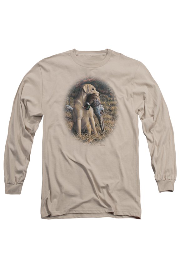 Wildlife Yellow Lab With Pheasant Long Sleeve T-Shirt Adult 18/1 Sand