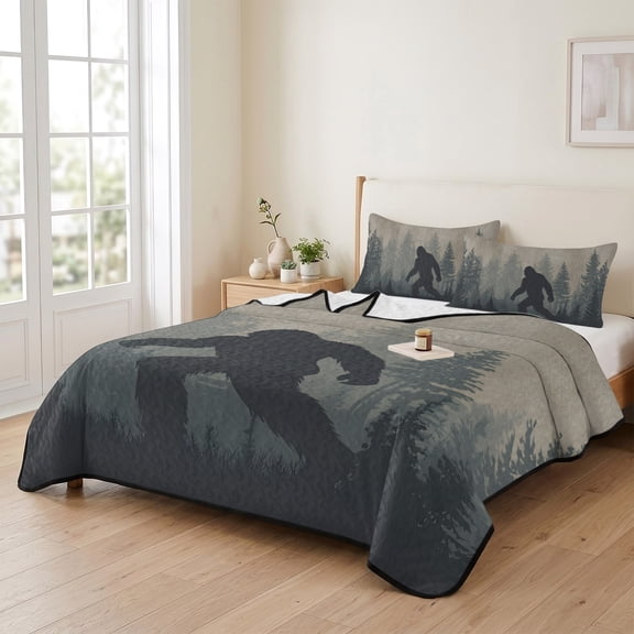 Wildman Gorilla Forest Silhouette 3 Pieces Quilt Set,1 Quilt with 2 Shams,Retro Tree Bedspread Soft Lightweight Bedding Coverlet Comforter Set for All Season 90"x96"