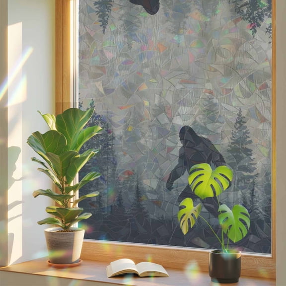 Wildman Gorilla Forest Silhouette Window Privacy Film, Rainbow Film Decorative Window Sticker 17.7x39.3in, Retro Tree Sun Blocking Static Stained Glass Cling Tint Non-Adhesive