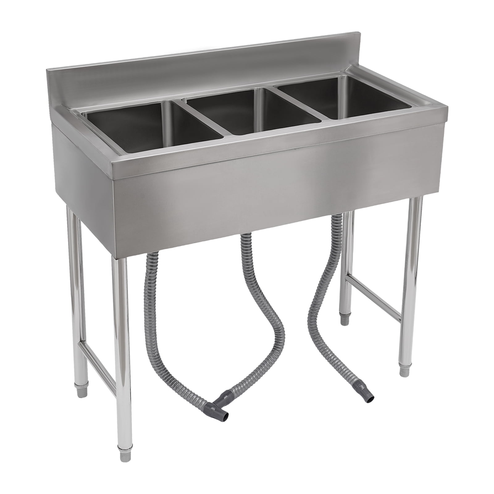 Wildnix 3-Compartment Stainless Steel Kitchen Sink with Faucet, Drainage Cover, Pull Ring, Honeycomb Aerator, Adjustable Legs for Commercial Use