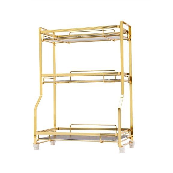 Wildnix 3-Tier Bathroom Organizer, Iron and HIPS Plastic Makeup Storage Rack with Elevated Foot Pads and Protective Guardrail, Modern Design, Black/Gold