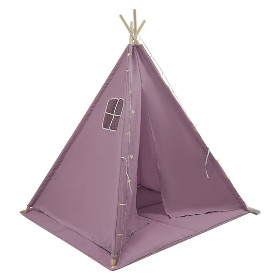 Wildnix 4-Person Waterproof Teepee Tent for Kids, Purple Cotton and Linen Play Tent with Star Light, Comfortable Mat, and Wood Poles for Bedroom or Playroom
