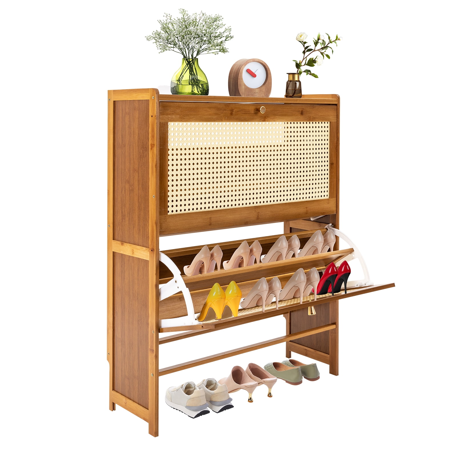 Wildnix 4-Tier Free Standing Rattan Shoe Rack with Flip Doors, Raised Baffle, Spacious Storage, Stylish Wood Grain Design for Entryway or Bedroom