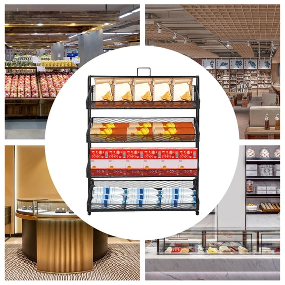 Wildnix 4-Tier Retail Display Rack with Protective Baffles, Easy Assembly, Sturdy Iron Frame, Perfect for Organizing Snacks and Retail Items